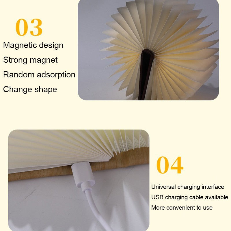Led livro de madeira lâmpada criativa usb dobrável luz leitura crianças anive
