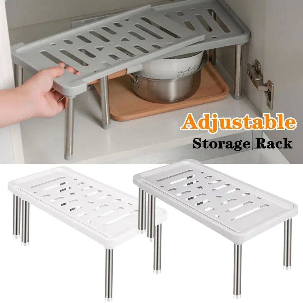 Prateleira de armário expansível 35cm a 61cm, organizador de prateleira de plástico para armário de cozinha, rack de armazenamento multifuncional para armários de cozinha