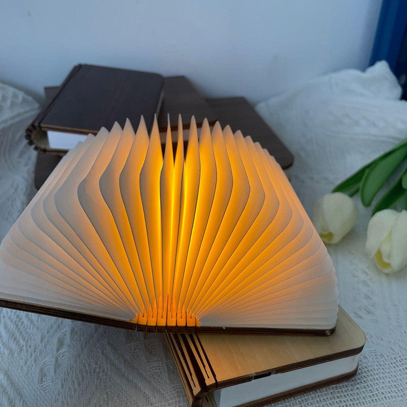 Led livro de madeira lâmpada criativa usb dobrável luz leitura crianças anive