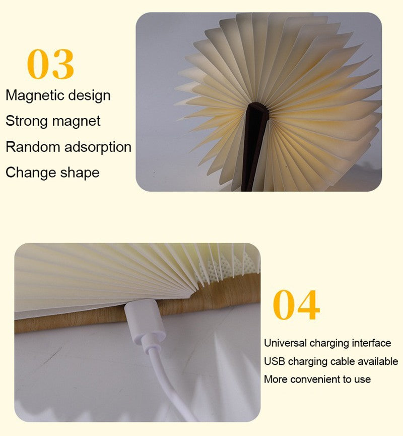 Led livro de madeira lâmpada criativa usb dobrável luz leitura crianças anive