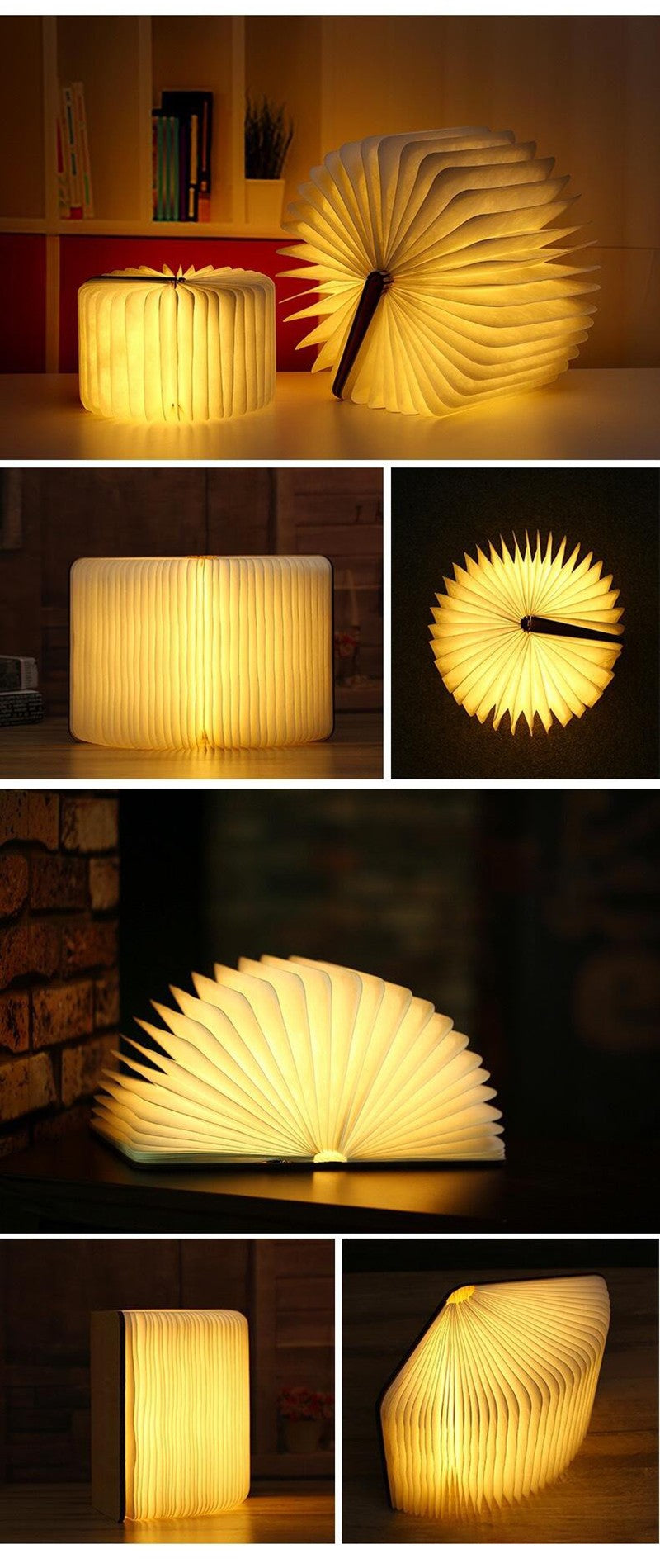 Led livro de madeira lâmpada criativa usb dobrável luz leitura crianças anive