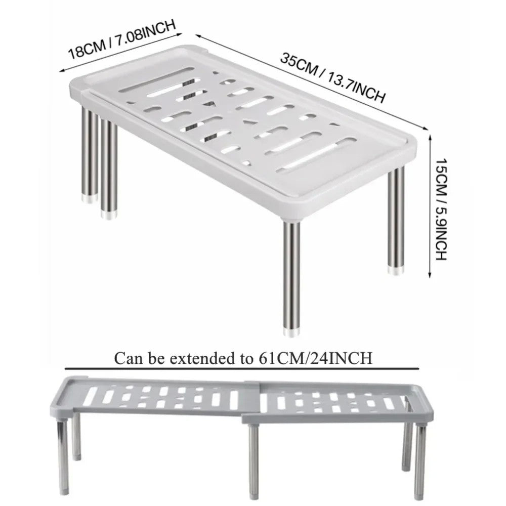 Prateleira de armário expansível 35cm a 61cm, organizador de prateleira de plástico para armário de cozinha, rack de armazenamento multifuncional para armários de cozinha