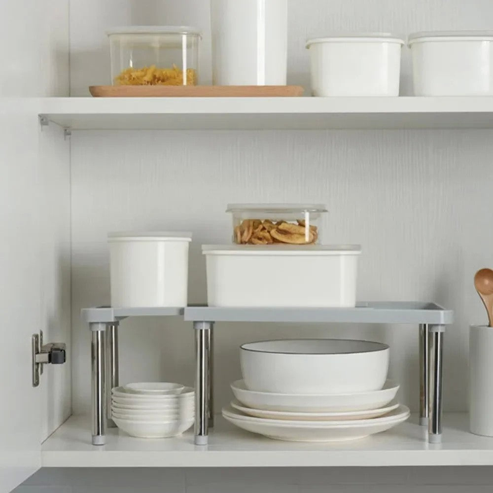 Prateleira de armário expansível 35cm a 61cm, organizador de prateleira de plástico para armário de cozinha, rack de armazenamento multifuncional para armários de cozinha