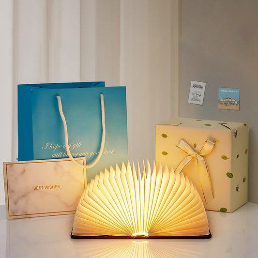Led livro de madeira lâmpada criativa usb dobrável luz leitura crianças anive