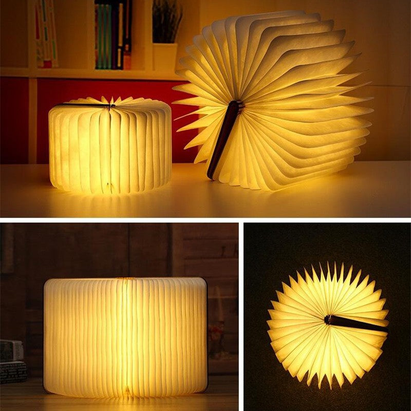 Led livro de madeira lâmpada criativa usb dobrável luz leitura crianças anive